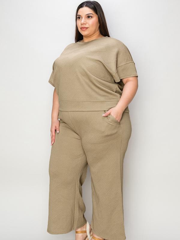 Double Take Full Size Texture Short Sleeve Top and Pants Set Womenswear Comfort Suits