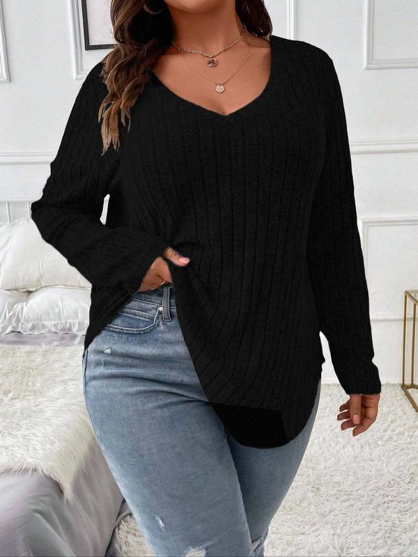  Solid V Neck Long Sleeve Tee, Casual Basic T-shirt for Fall & Winter, Women's Clothing for Daily Wear, 2000s Vintage Tops, Winter Clothes Women, Fall Clothing Women, Plus Size Clothing,