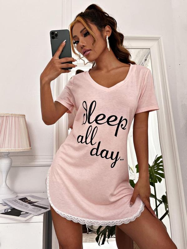 Women's Letter Print Contrast Lace Split Hem Nightdress PJ, Summer Clothes Women Deep V Neck Short Sleeve Nightgown Nighties For Daily Wear, Dresses for Women, Soft Comfy Sleep Tee Dress For Summer