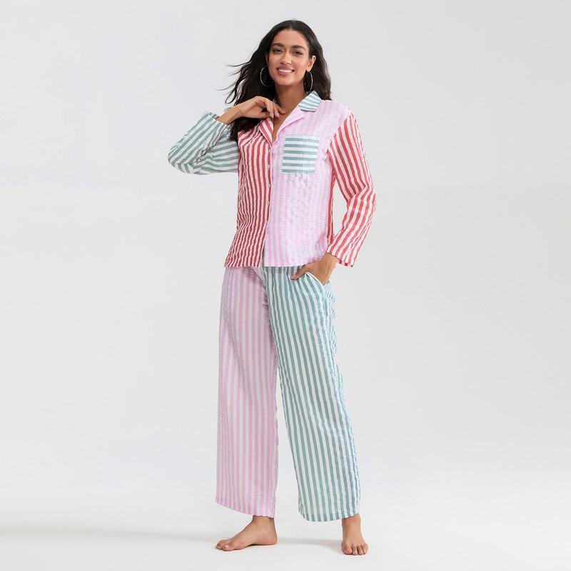 Women 2 Piece Christmas Striped Pajamas Lounge Set Y2k Long Sleeve Button Down Shirts Wide Leg Pants Sets Sleepwear Loungewear Pajama Set