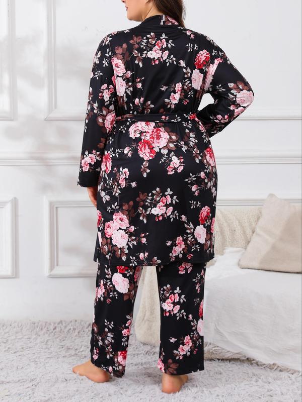  Three-Piece Set Floral Print Belted Lounge Robe & Cami Top & Elastic Waist Pants Pyjama Set, Elegant Comfy Drop Shoulder Long Sleeve Robe & Sleeveless Top & Bow Decor Trousers PJ Set, Women's Sleepwear for Spring & Fall