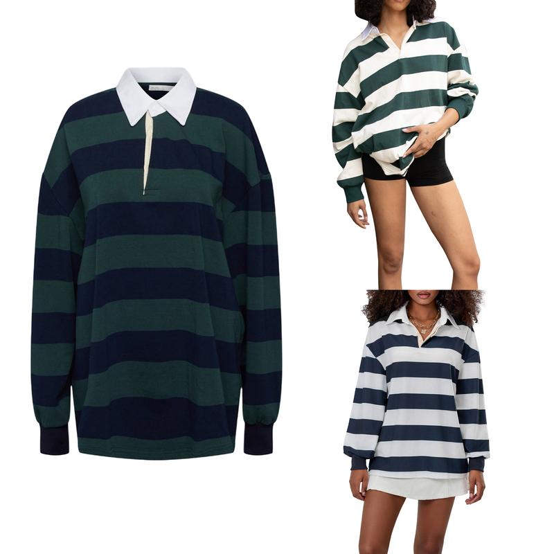 Women Rugby Polo Shirt Vintage Long Sleeve Oversized Striped Shirt Y2k Lapel Collar Pullover Crop Top 90s Streetwear