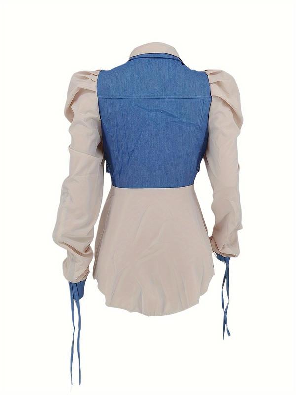 Women's Colorblock Ruched Knot Design Long Sleeve Button Front Blouse, Casual Leg-of-Mutton Sleeve Pocket Top for Spring & Fall, Women's Clothing