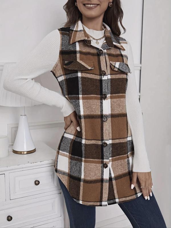 Women's Plaid Print Button Front Vest Jacket, Casual Sleeveless Collared Outerwear for Spring & Fall, Ladies Clothes for Daily Wear