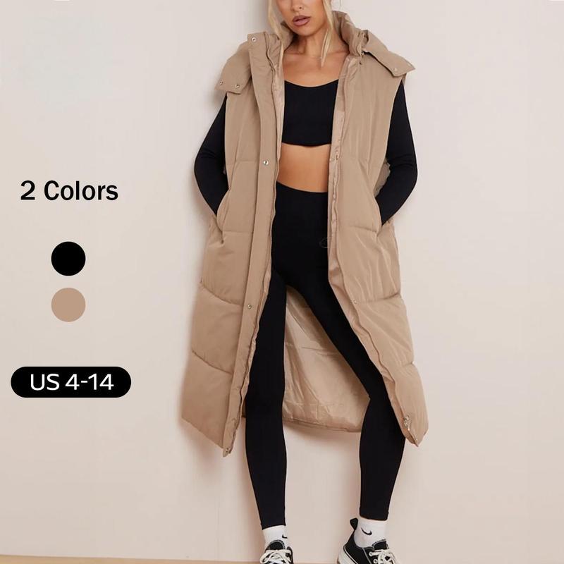 Womenswear Solid Button Front Design Longline Waistcoat for Fall &Hooded Winter Vest Coat, Comfort Pocket Winter, Minimalist Clothing for Daily Wear, Going Out Outfits,Women's Vests, Basic Tops