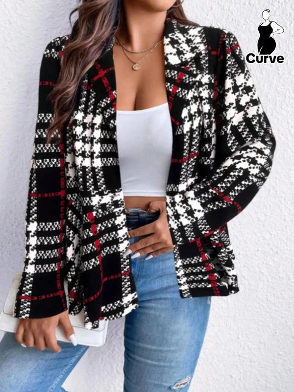  Plaid Print Lapel Collar Blazer, Casual Long Sleeve Outerwear for Fall & Winter, Work Clothes for Office, Women's Clothes for Daily Wear