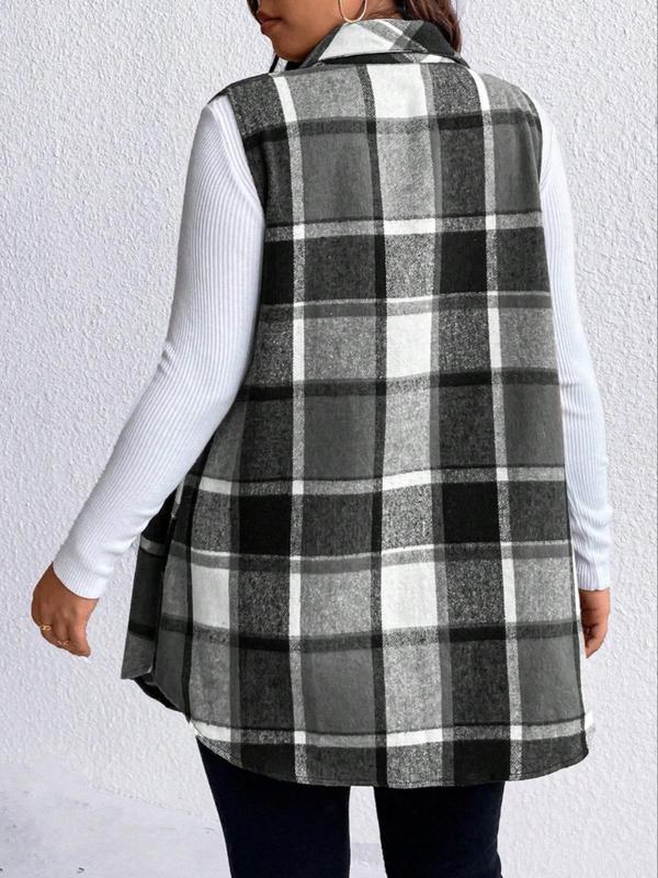  Plaid Print Button Front Pocket Vest Coat, Casual Sleeveless Collared Outerwear for Fall & Winter, Women's Clothes for Daily Wear