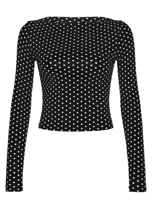 Women's Polka Dot Print Round Neck Tee, Casual Long Sleeve T-shirt for Fall & Winter, Women's Clothing for Daily Wear