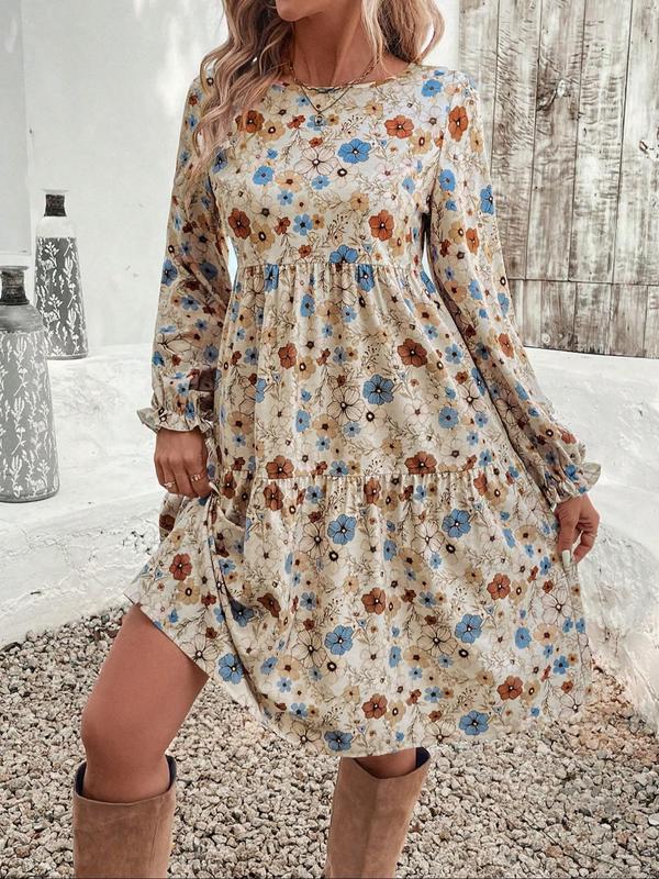 Women's Floral Print Ruffle Hem Smock Dress, Boho Fashion Long Sleeve Round Neck Knee Length Dress for Daily Holiday Vacation Wear, Ladies Dress for All Seasons