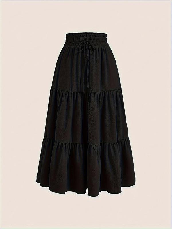 Plus Size Solid Ruffle Hem Drawstring Paper Bag Waist A Line Skirt, Casual Midi Skirt for Daily Holiday Vacation Wear, Women Plus Clothing for Summer, Fall Outfits 2024