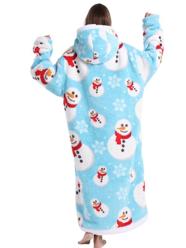 Women's Christmas Themed Print Drop Shoulder Flannel Hooded Dressing Gown, Casual Comfy Long Sleeve Pocket Thermal Lined Hooded Nightgown for Fall & Winter, Women's Sleepwear for Indoor Wear