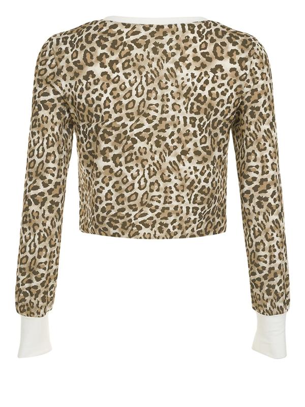 Women's Leopard Print Button Front Tee, Casual Long Sleeve Sweetheart Neck T-Shirt for Spring & Fall, Women's Clothes for Daily Wear