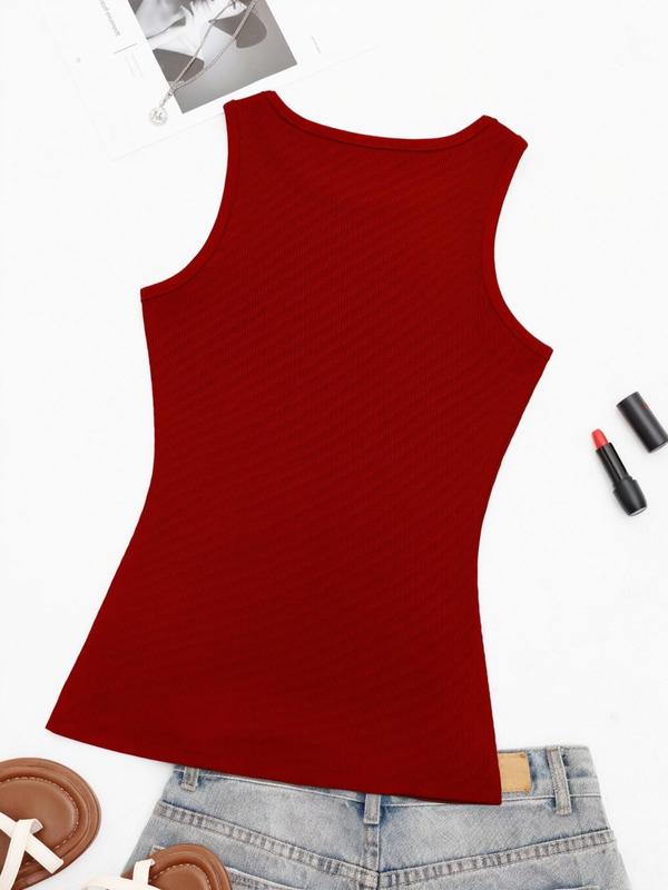 Women's Solid Round Neck Ribbed Tank Top, Casual Sleeveless Top for Summer, Ladies Clothes for Daily Wear