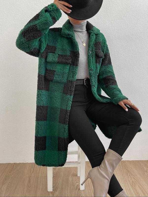 Women's Plaid Print Button Front Drop Shoulder Fuzzy Overcoat, Casual Jackets, Long Sleeve Collar Neck Pocket Outerwear for Fall & Winter, Women's Clothing for Daily Wear