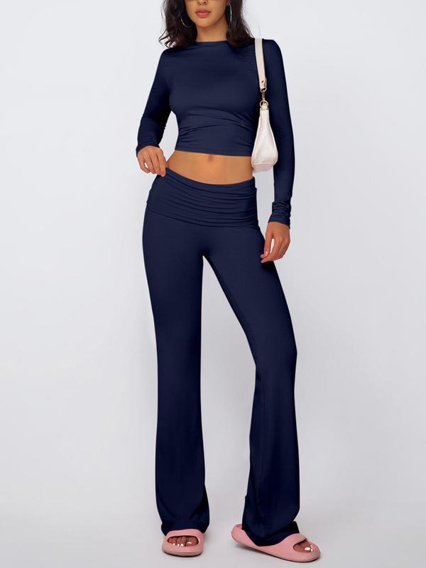 Two-Piece Set Women's Plain Pants Set, Casual Long Sleeve Crop Tee & Fold Over Waist Flare Leg Trousers Set, Outfit Sets for Women, Back To School Outfits, Ladies Summer Two-piece Outfits for Daily Outdoor Wear