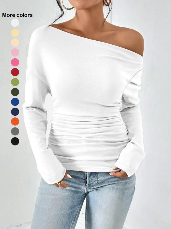 Women's Ruched One Shoulder Tee, Casual Drop Shoulder Long Sleeve T-shirt, Fall T Shirts for Women, Women's T Shirts, Women's Top for Dating Daily Wear