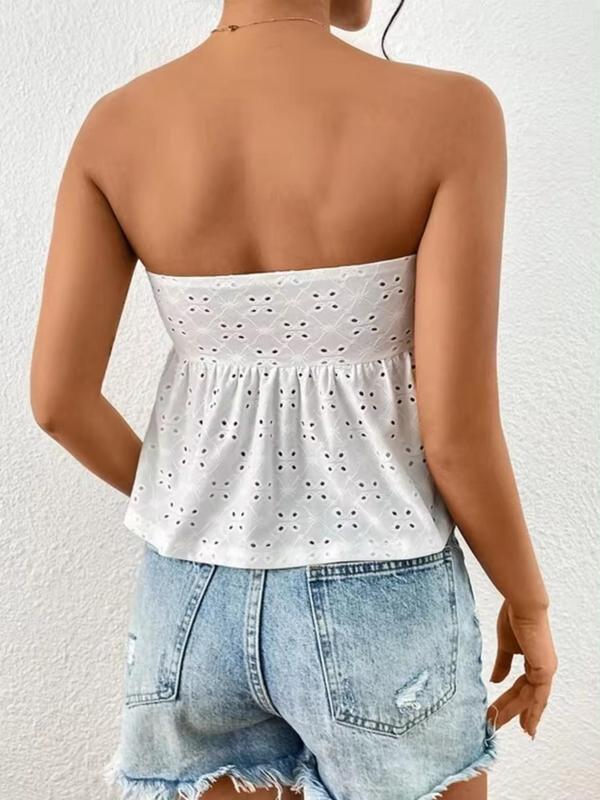 Women's Plain Eyelet Embroidery Ruched Peplum Tube Top, Casual Frill Trim Knot Front Backless Top for Summer, Women's Clothing for Daily Wear