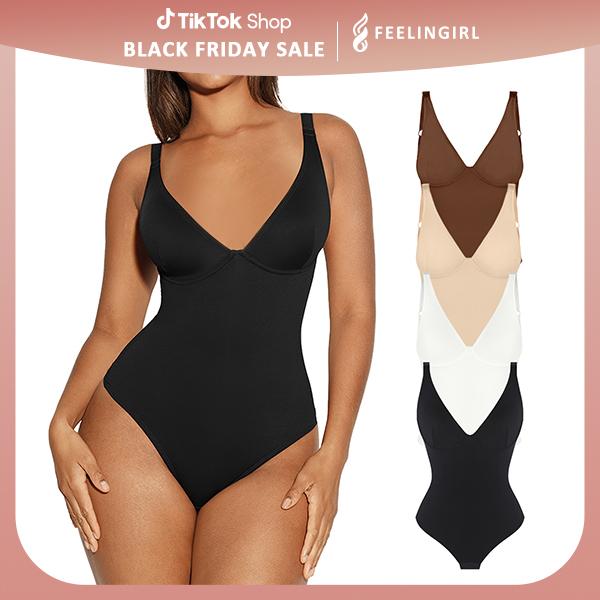 FeelinGirl Women V Neck Bodysuit Thong Tummy Control Shapewear Basic Fabric Fashion Womenswear