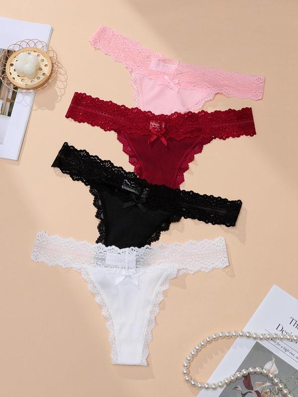 Women's Back To School Bow Front Contrast Lace Thong, Breathable Comfortable Knicker for Daily Wear, Fall Wear 2024, Underwear for Women, Ladies Underwear for Fall