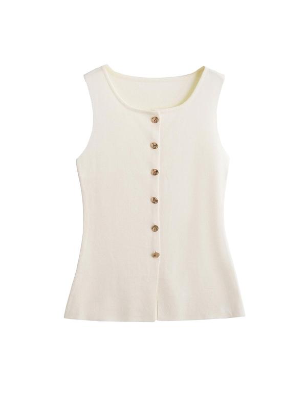 Women's Plain Button Front Scoop Neck Sweater Vest, Casual Sleeveless Knit Tank Top for Daily Wear, Ladies Clothes for All Seasons