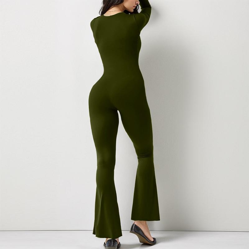 Women Long Sleeve Belly Waist Shaping And Hip Lift Square Collar Wide Leg High Elastic Jumpsuit Fabric Trouser