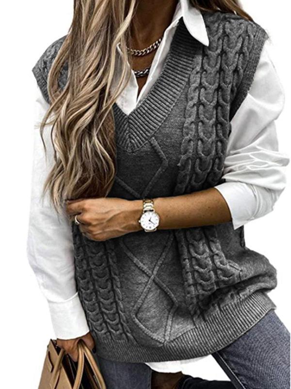 Women's Solid Textured V Neck Sweater Vest, Casual Preppy Cable Knit Pullover for Fall & Winter, Women's Knitwear for Daily Wear, Fall Outfits 2024 Womenswear Tops Comfort Basic Minimalist