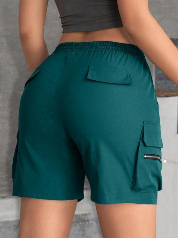 Women's Plain Zipper Drawstring Waist Shorts, Back To School Outfits, Casual Street Elastic Waist Pocket Straight Leg Shorts for Summer, Ladies Bottoms for Daily Wear