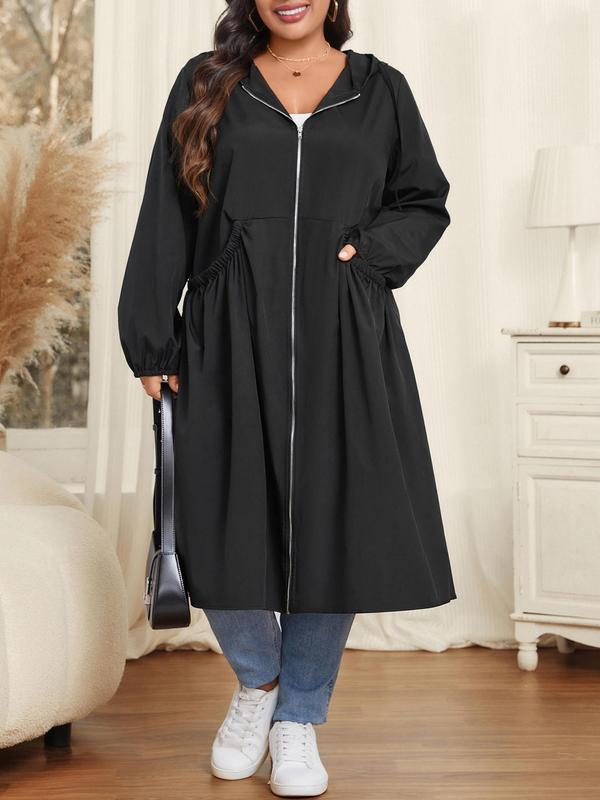 CURVZY Plus Size Solid Bishop Sleeve Zip Up Hooded Jacket, Casual Long Sleeve Pocket Outerwear for Fall & Winter, Women's Clothes for Daily Wear