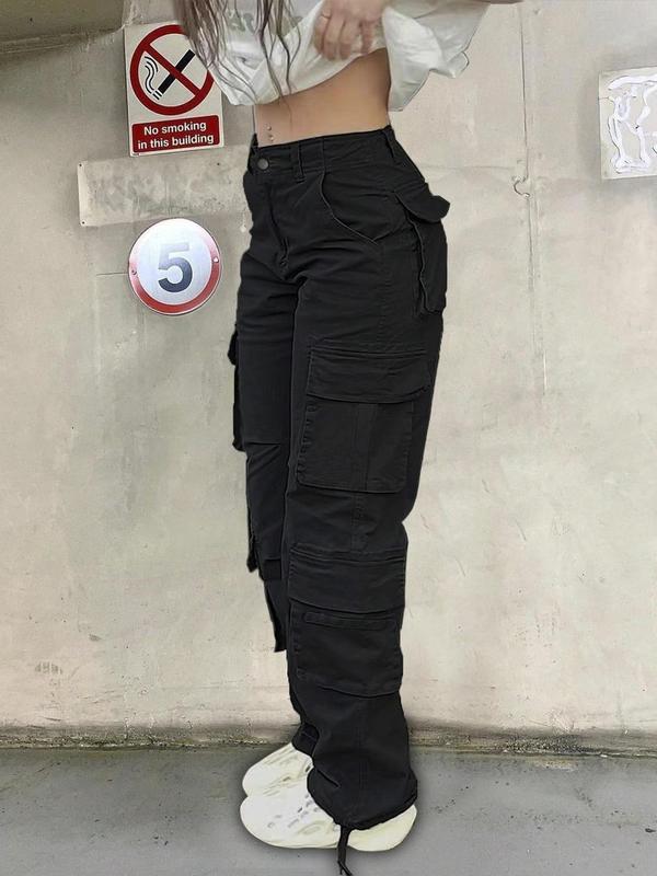 Women's Plain Drawstring Waist Pocket Cargo Pants, Casual Streetwear Pocket Trousers, Pants for Women, Ladies Summer Bottoms for Daily Wear, Downtown Girl Clothes