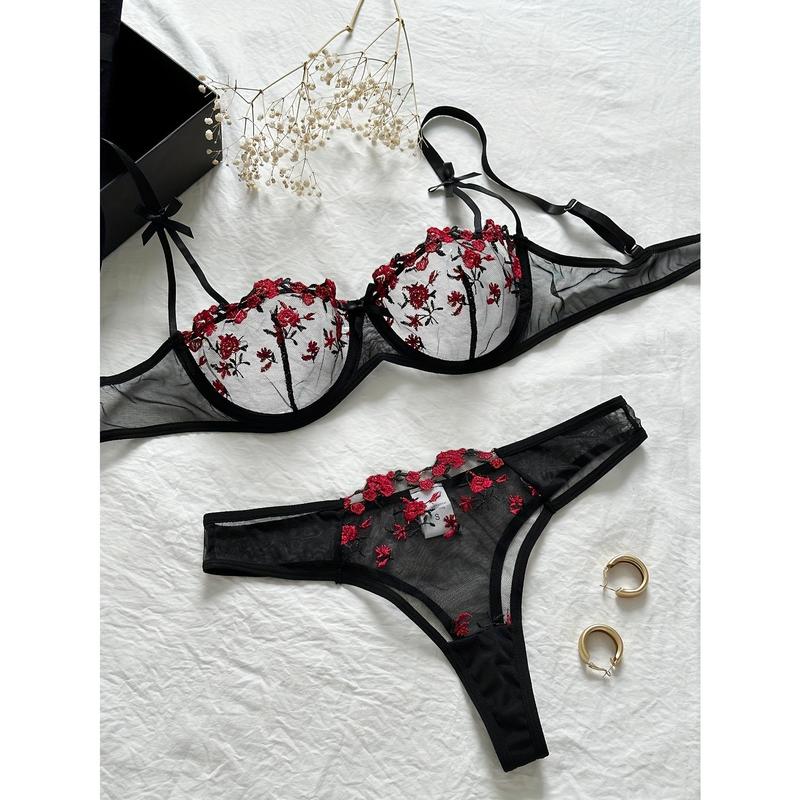 Sexy Floral Embroidery Lingerie Set - Women's Mesh Unlined Bra and Panty, Delicate Underwear for Romantic Nights - Soft, Breathable, and Comfortable