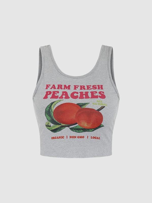 Women's Letter Cherry Graphic Print Crop Tank Top, Casual Scoop Neck Sleeveless Top for Daily Wear, Back To School Outfits, Tank Tops for Summer, Ladies Clothes for All Seasons