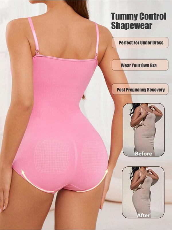 Women's Solid Hook & Eye Closure Crotch Shapewear Bodysuit, Adjustable Strap Tummy Control Butt Lifting Shaper, Women's Shapewear for Daily Wear