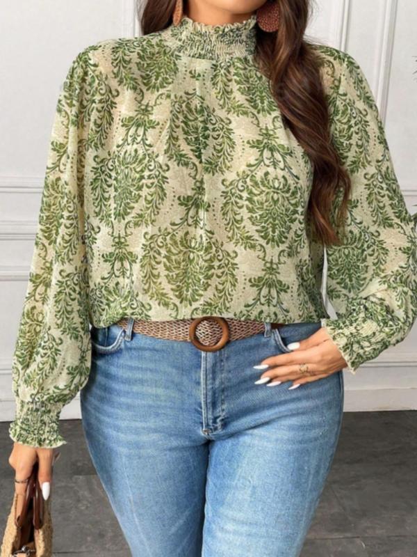  Ethnic Pattern Frill Trim Shirred Keyhole Back Blouse, Boho Bishop Sleeve Mock Neck Top for Fall & Winter, Women's Clothes for Daily Wear