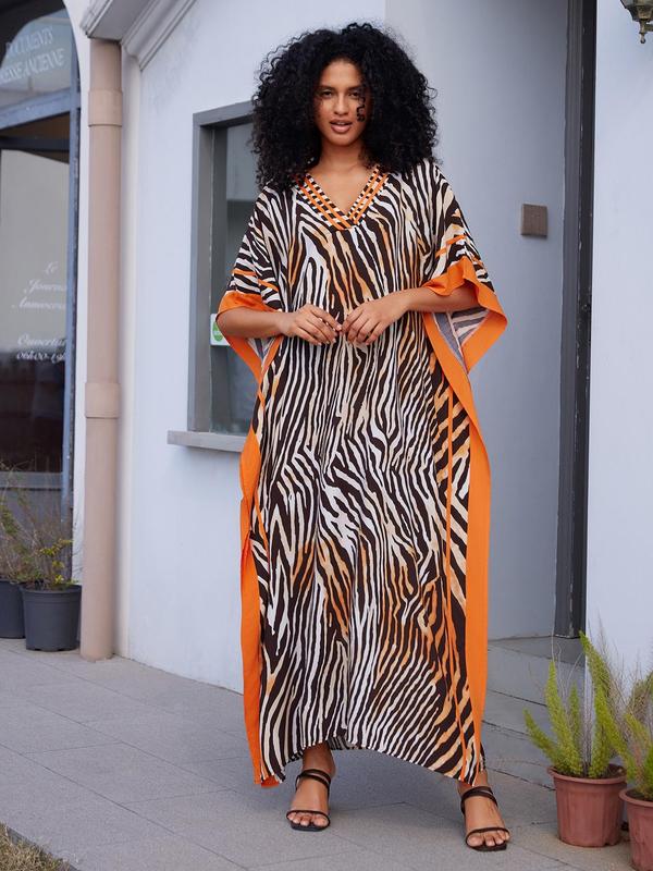 Women's Contrast Trim Zebra Stripe Print Batwing Sleeve V Neck Dress, Casual V Neck Half Sleeve Long Dress for Summer, Fashion Women's Dress for Beach Vacation  Moo Moo Dresses