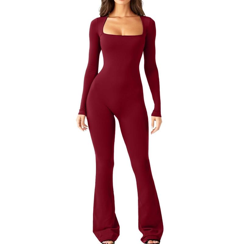 Women Long Sleeve Belly Waist Shaping And Hip Lift Square Collar Wide Leg High Elastic Jumpsuit Fabric Trouser