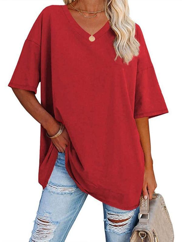  Solid Color Drop Shoulder Tee, Casual Half Sleeve V Neck T-shirt for Summer, Women's Clothing for Daily Wear