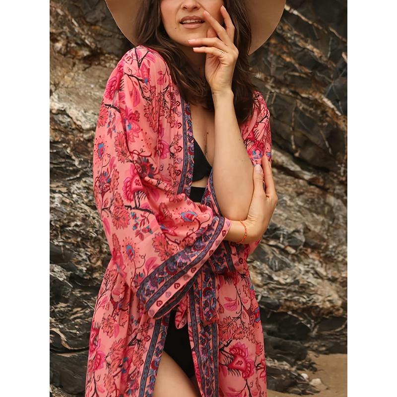 Boho Chic Plus Size Women's Long Robe with Full Print V-Neck Tie Waist - Perfect for Spring Summer Fall