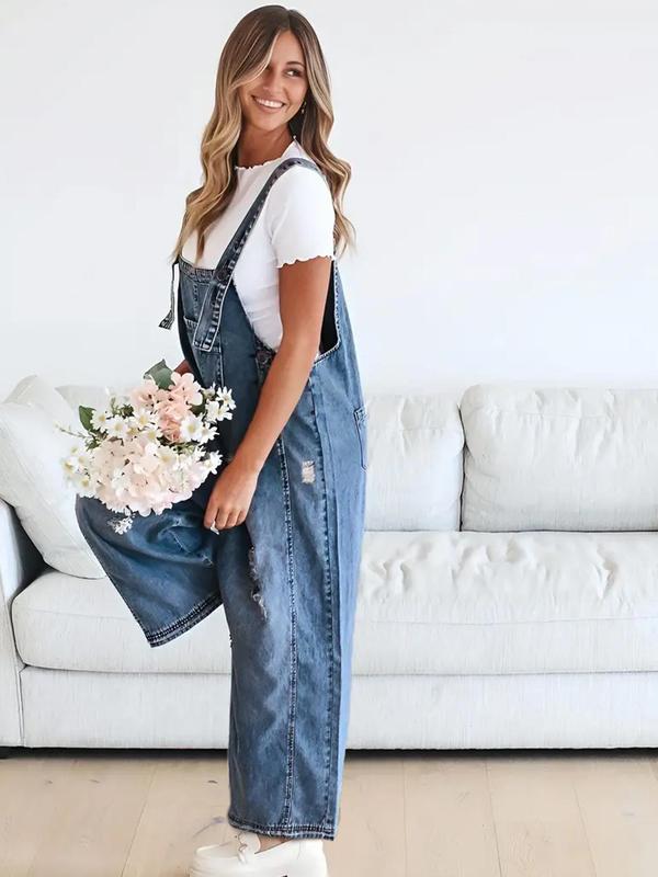 Women's Ripped Raw Hem Pocket   Denim Overalls, Casual Comfy Wide Leg Overalls for Daily Wear, Ladies Clothes for All Seasons