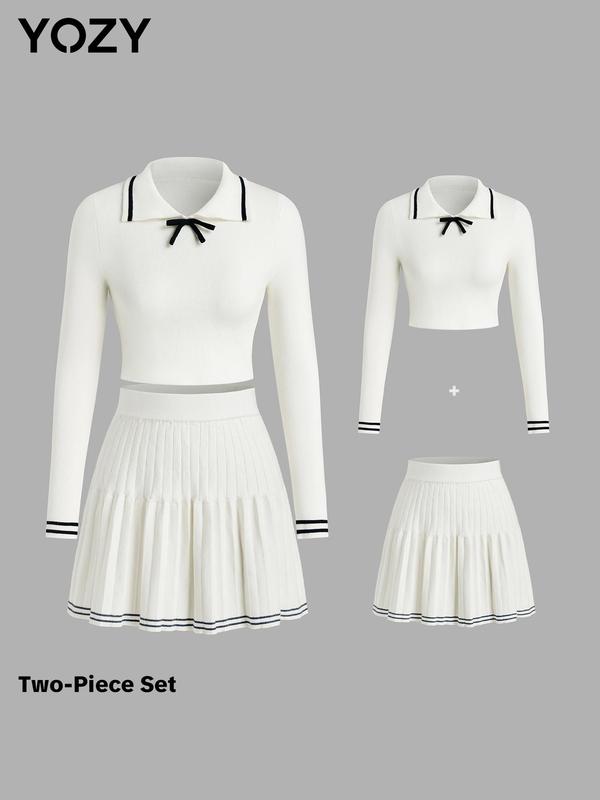 YOZY Two-Piece Set Women's Striped Trim Bow Decor Crop Sweater & Pleated Knitting Skirt, Preppy Style Long Sleeve Collared Knit Top & Skirt, Women's Spring & Fall Outfits