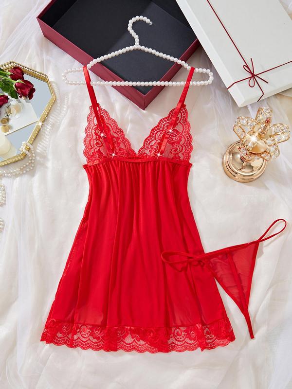 Women's Contrast Lace Bow Decor Cami Nightdress & Sheer Thong Sexy Sleepwear Two-Piece Set, Romantic Comfy Spaghetti Strap Nightgown & Panty Set, Ladies Sleepwear for All Seasons