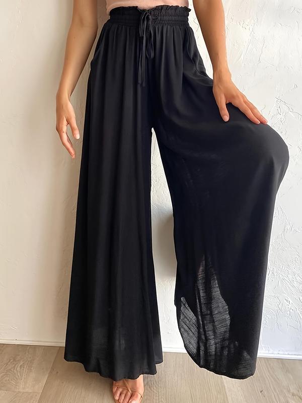 Women's Plain Pocket Drawstring Paper Bag Waist Wide Leg Pants, Casual High Waist Trousers for Fall, Back To School Pants for Women, Teacher Fall Outfits 2024, Women's Bottoms for Daily Wear, Fall Outfits, Fallfreshness, Black Girl Outfits