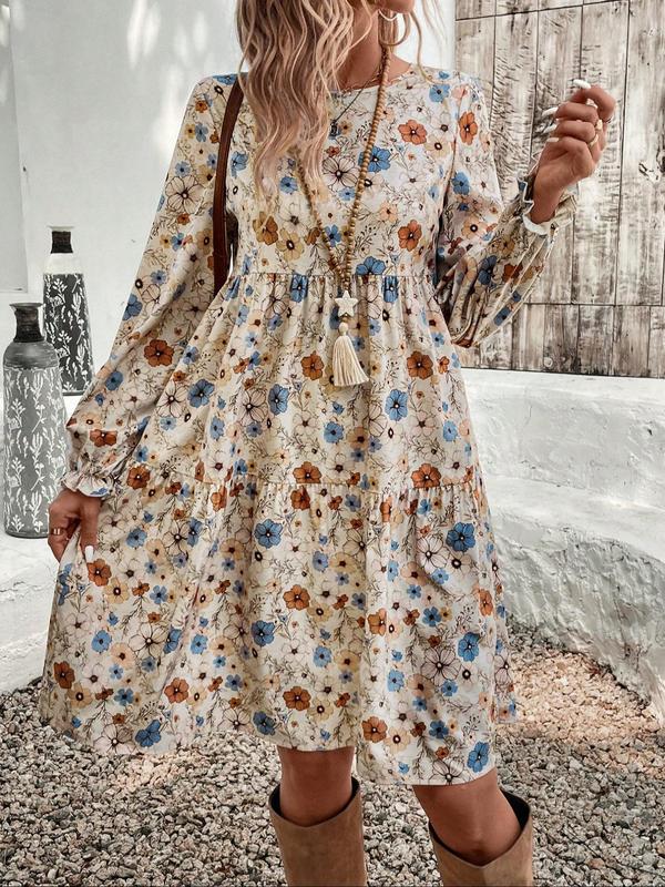 Women's Floral Print Ruffle Hem Smock Dress, Boho Fashion Long Sleeve Round Neck Knee Length Dress for Daily Holiday Vacation Wear, Ladies Dress for All Seasons