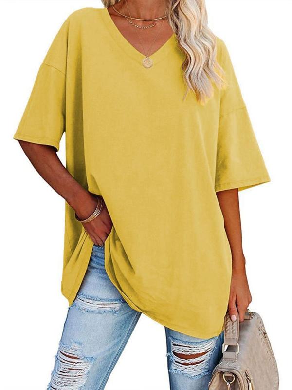  Solid Color Drop Shoulder Tee, Casual Half Sleeve V Neck T-shirt for Summer, Women's Clothing for Daily Wear