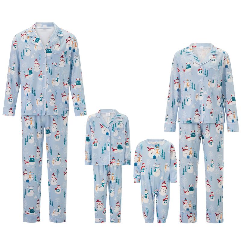 Matching Christmas Pajamas for Family Long Sleeve Snowman Print Shirts Blouse and High Waist Long Pants Set Loungewear