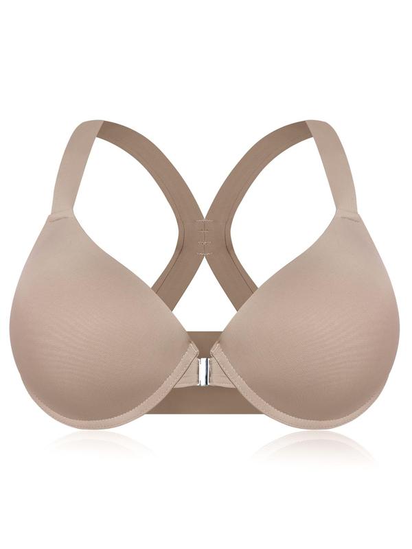  Solid Color Cut Out Back Push Up Bra, Breathable Buckle Front Underwire Bra for Daily Wear, Women's Lingerie for All Seasons Bridal