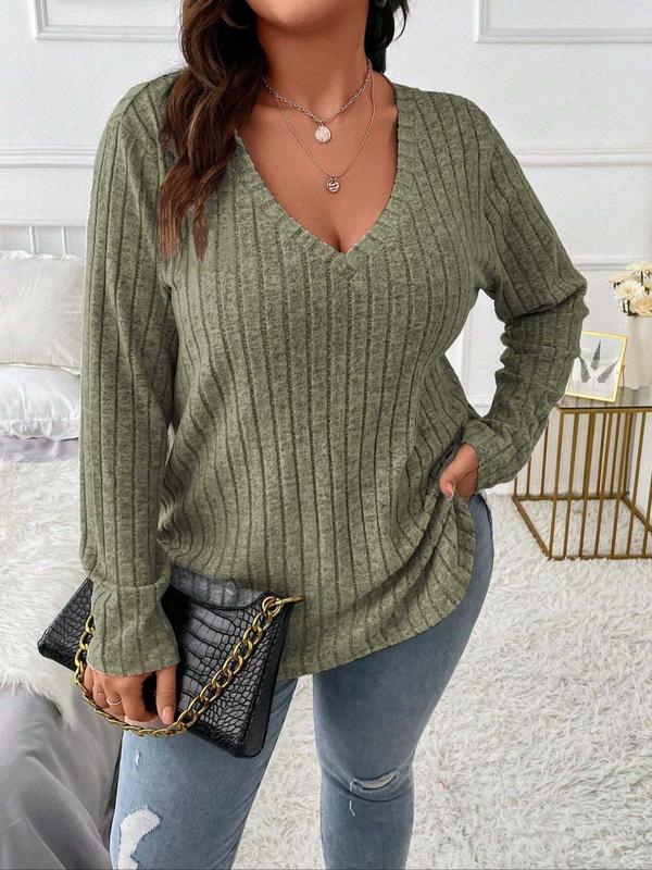  Solid V Neck Long Sleeve Tee, Casual Basic T-shirt for Fall & Winter, Women's Clothing for Daily Wear, 2000s Vintage Tops, Winter Clothes Women, Fall Clothing Women, Plus Size Clothing,