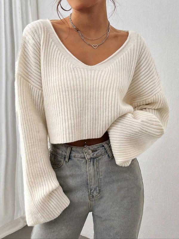 Women's Solid Color Drop Shoulder V Neck Crop Sweater, Casual Long Sleeve Jumper for Fall & Winter, Women's Knitwear for Daily Wear, Fall Clothes 2024