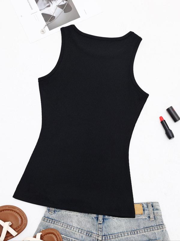 Women's Solid Round Neck Ribbed Tank Top, Casual Sleeveless Top for Summer, Ladies Clothes for Daily Wear