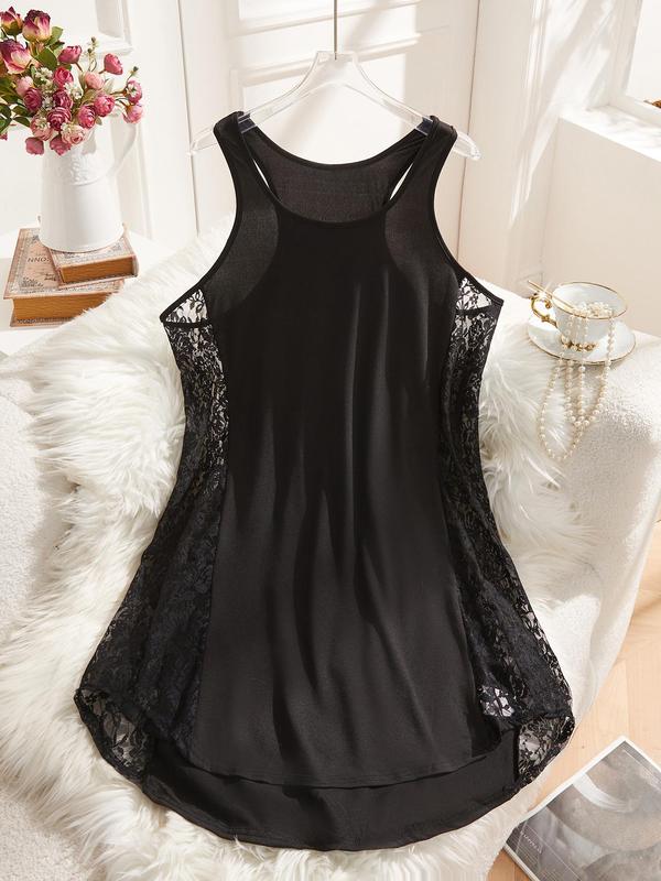  Contrast Lace Sheer Dress, Casual Scoop Neck Sleeveless Short Dress for Daily Wear, Women's Sleepwear for All Seasons