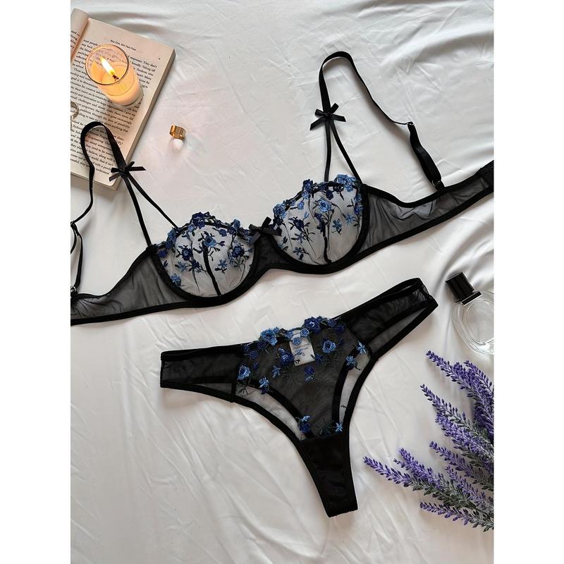 Sexy Floral Embroidery Lingerie Set - Women's Mesh Unlined Bra and Panty, Delicate Underwear for Romantic Nights - Soft, Breathable, and Comfortable